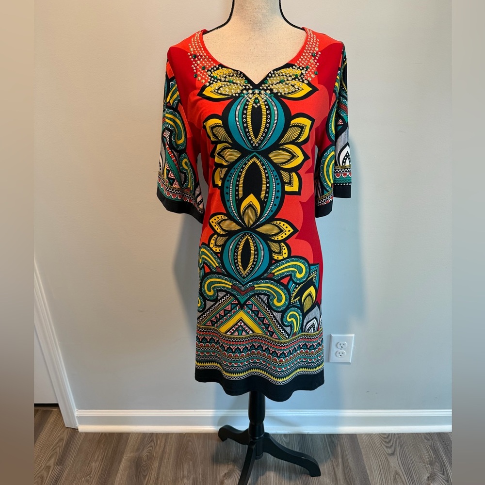 Calessa Retro Studded Rhinestone Shift Dress Art to Wear Women’s size Medium